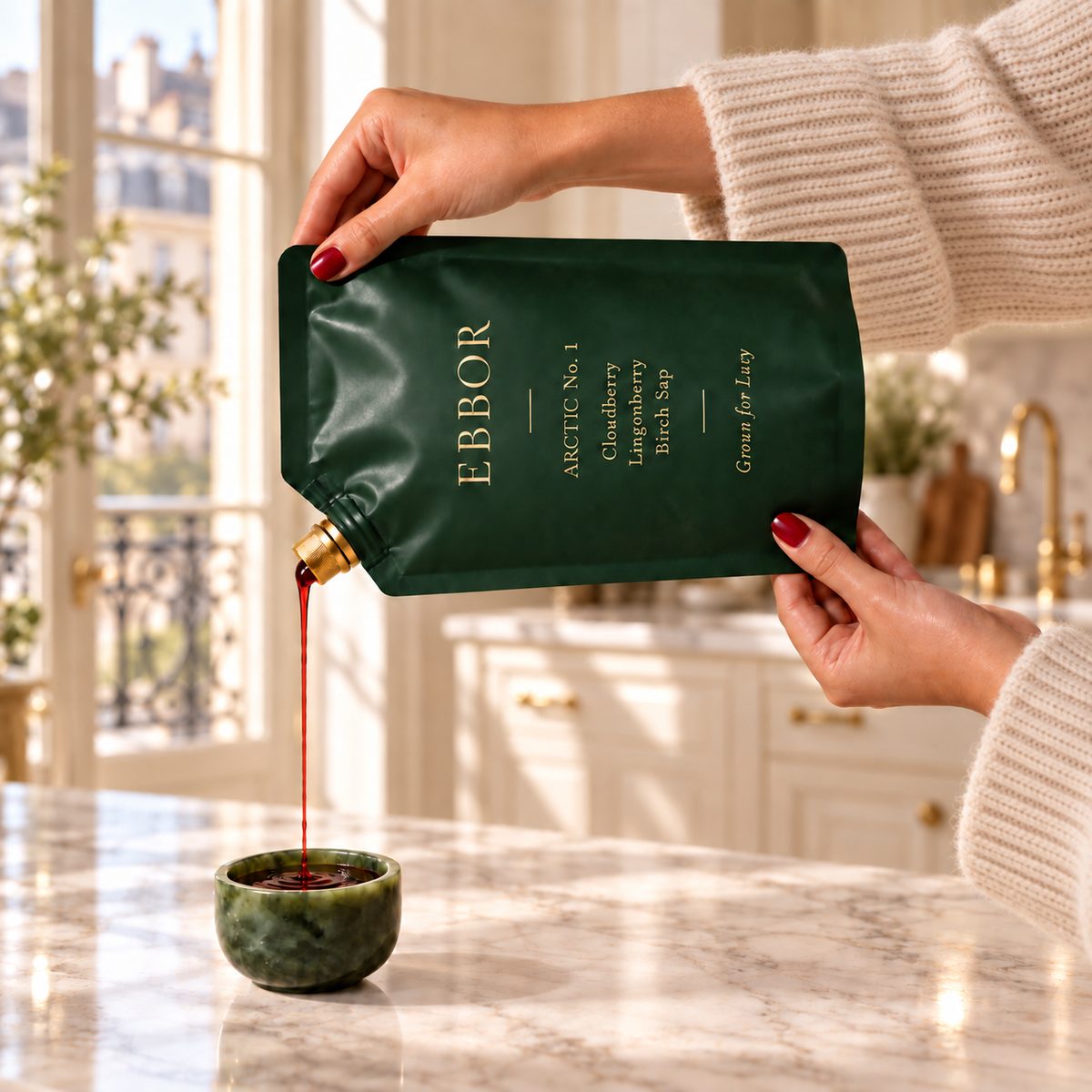A woman pouring Arctic No.1 infusion from its dark-green plant pouch into a carved jade sipping cup on a marble counter