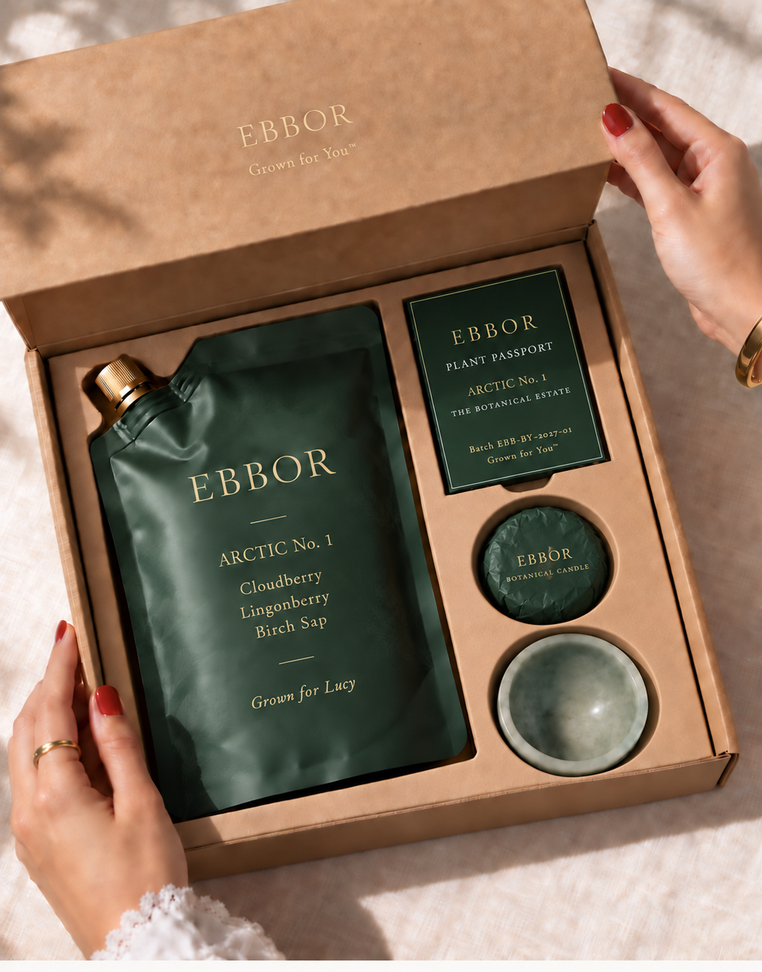 Hands opening an Ebbor box holding an Arctic No.1 plant pouch grown for Lucy, its Plant Passport, a wrapped botanical candle and a stone sipping bowl