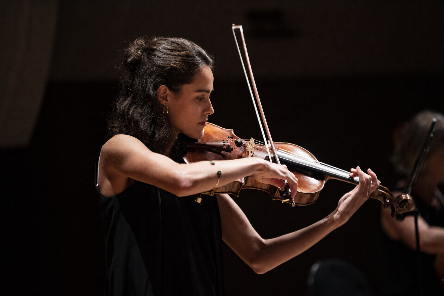 A violinist in profile, mid-performance under stage light — the quiet, devoted focus at the heart of the membership