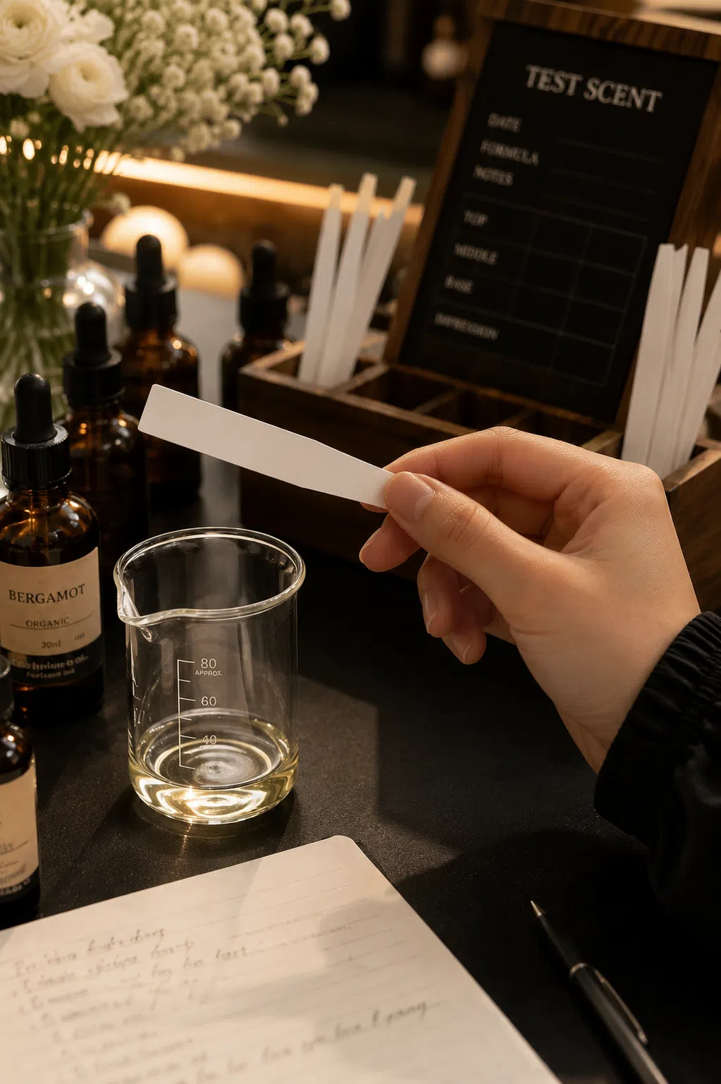 An Ebbor perfumer's bench: bergamot and botanical essences in amber bottles, a test-scent record and a small glass beaker during composition