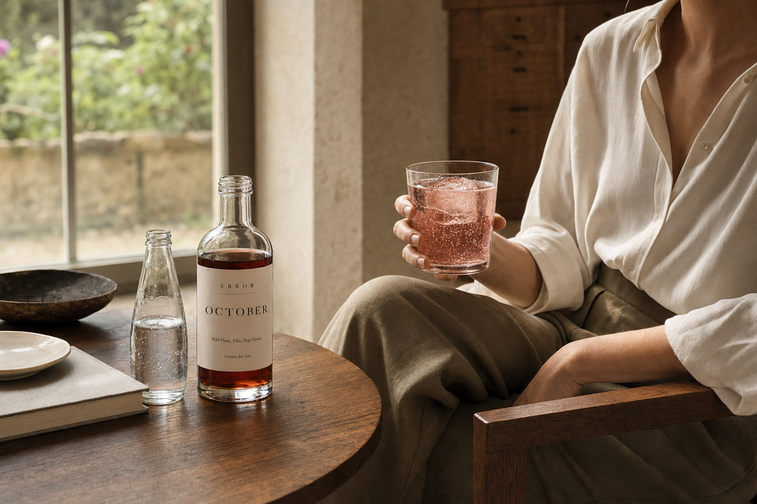 An October Ebbor bottle beside a glass as botanical liquid disperses into chilled water