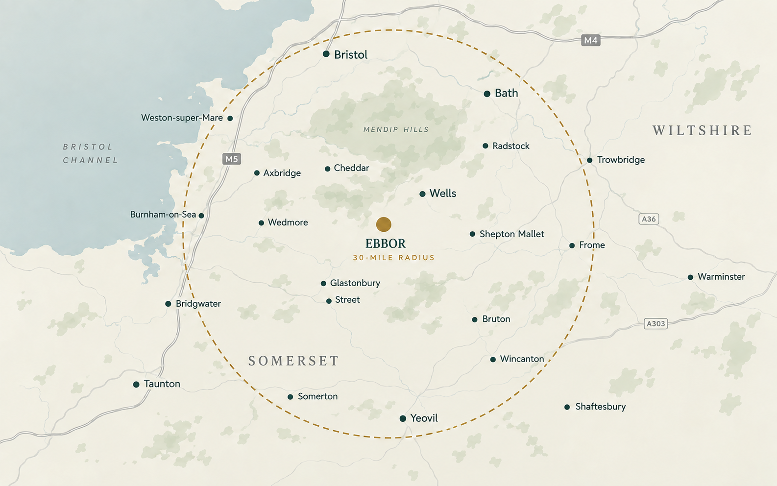 Map showing the approximate 30-mile collection radius around Ebbor Gorge