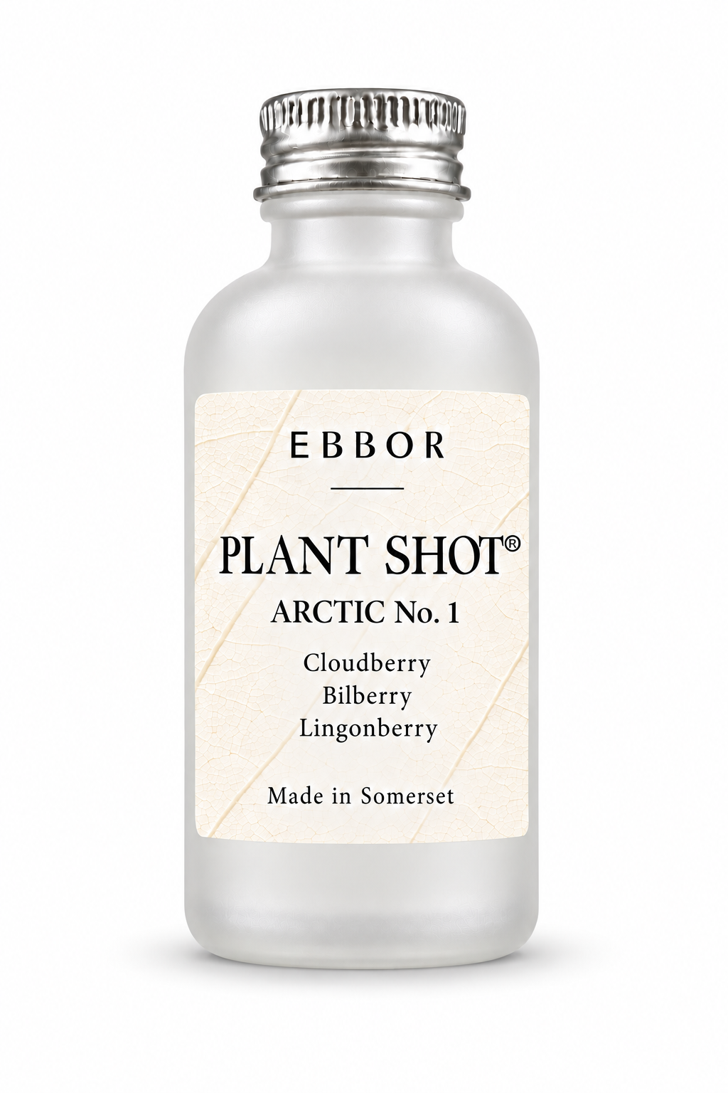 A frosted pale glass Ebbor Plant Shot bottle with a ridged silver cap, standing on a seamless white ground; its pale label carries a leaf-vein pattern and reads Arctic No.1, Cloudberry, Bilberry, Lingonberry, Made in Somerset