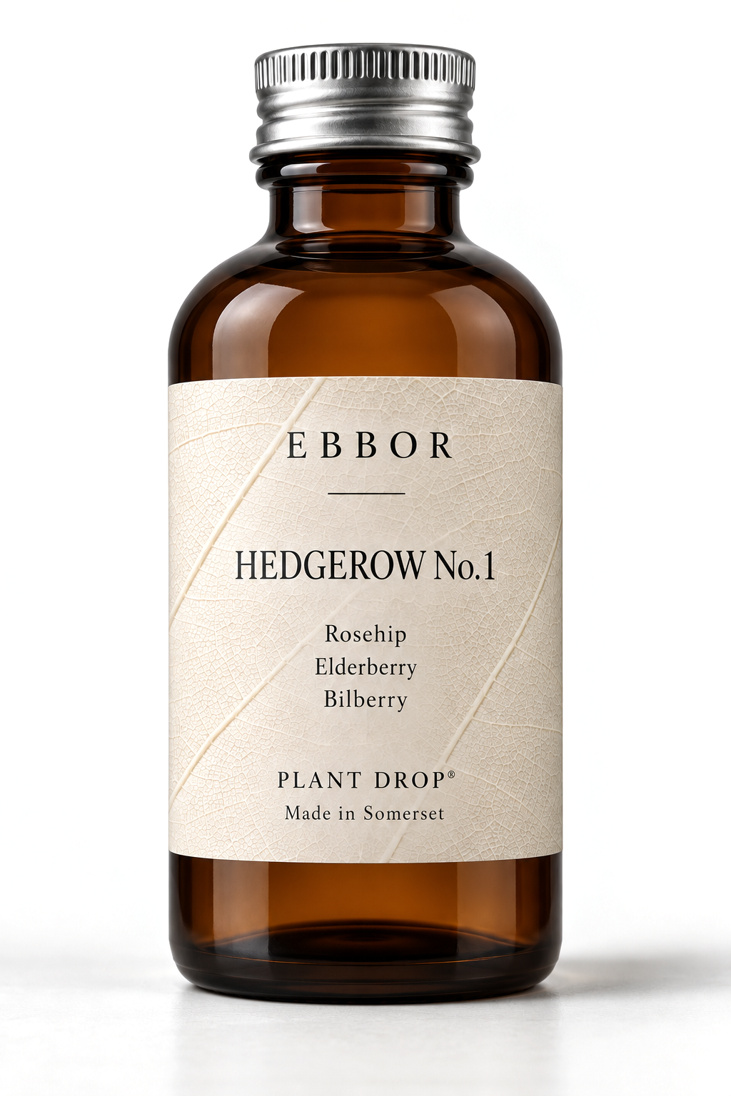 An Ebbor Hedgerow No.1 Plant Drops bottle of 30 ml on a white background, its label reading Rosehip, Elderberry and Bilberry