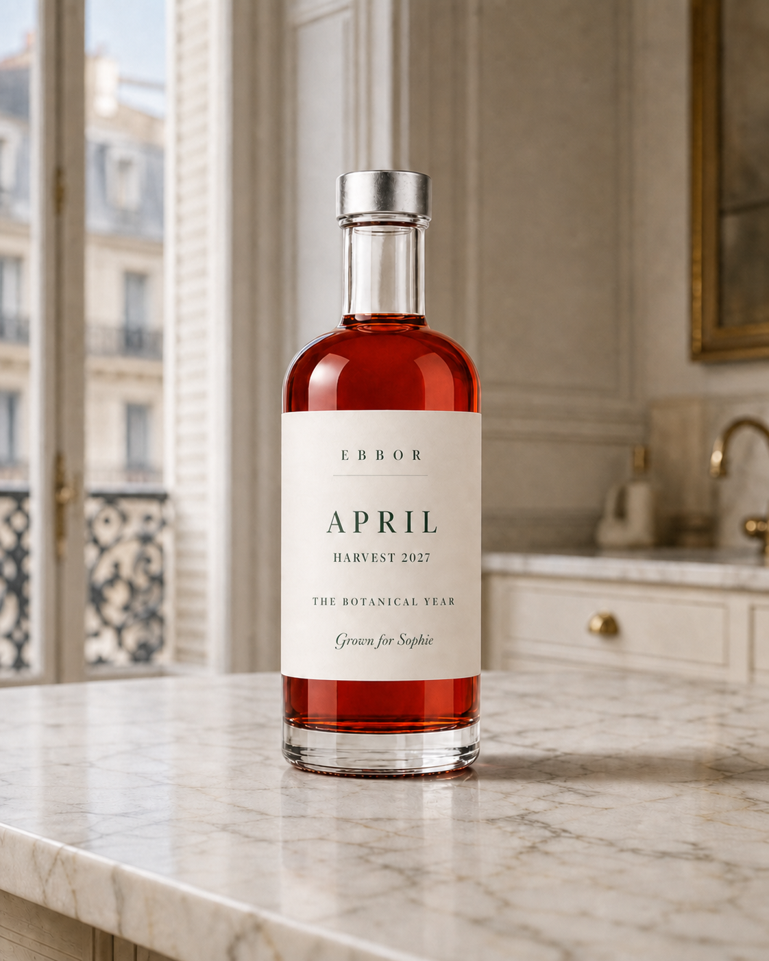 The April edition bottle on a marble counter