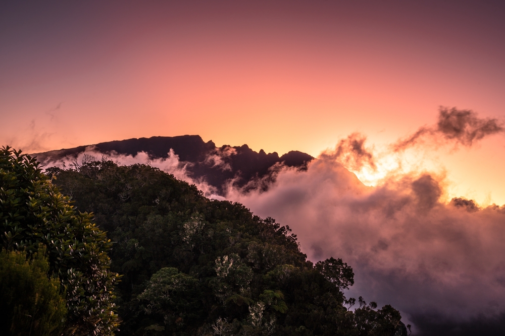 Sunset over a mountain ridge rising through forest cloud