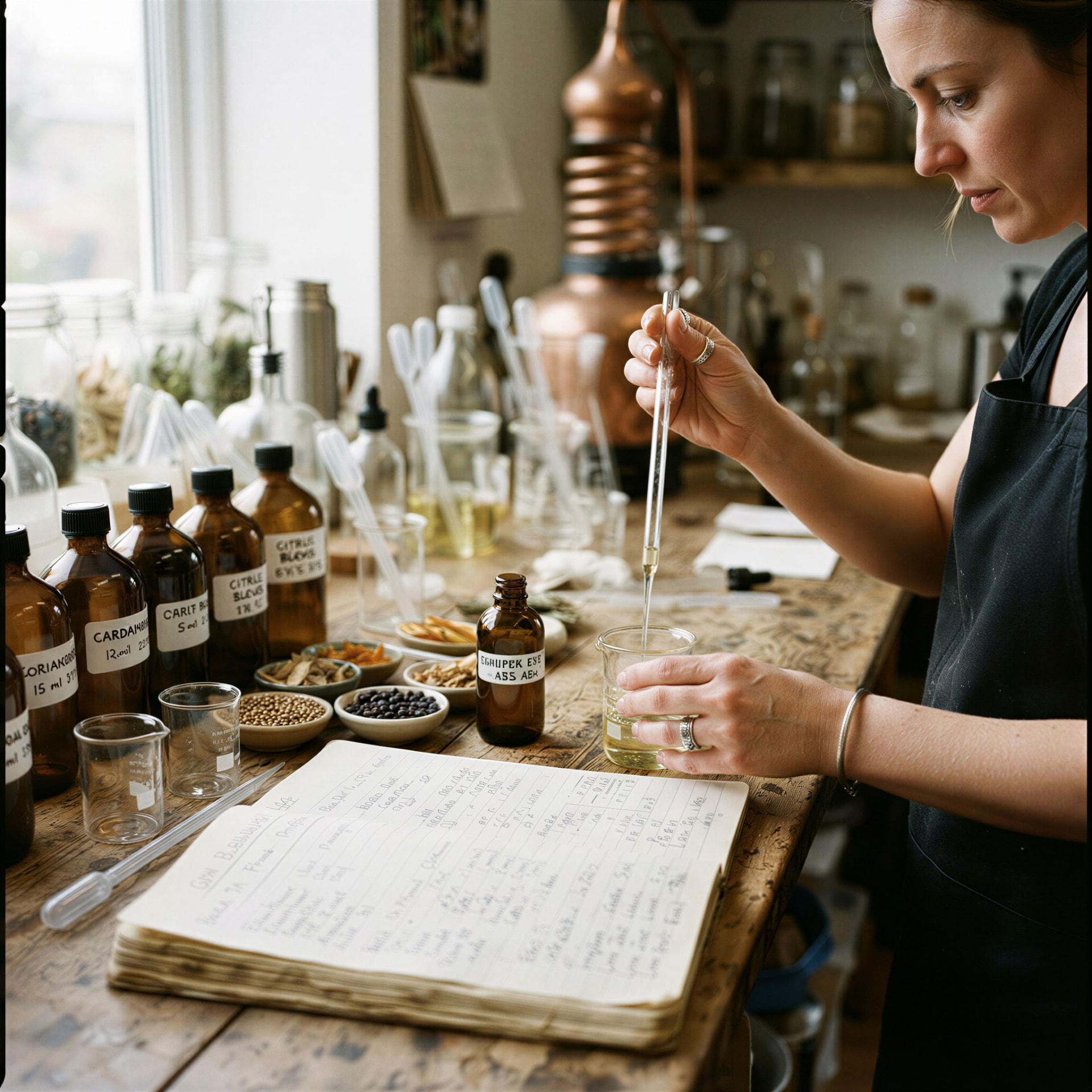 A woman at the Ebbor bench drawing a sample with a pipette, beside amber bottles, plant material and an open notebook