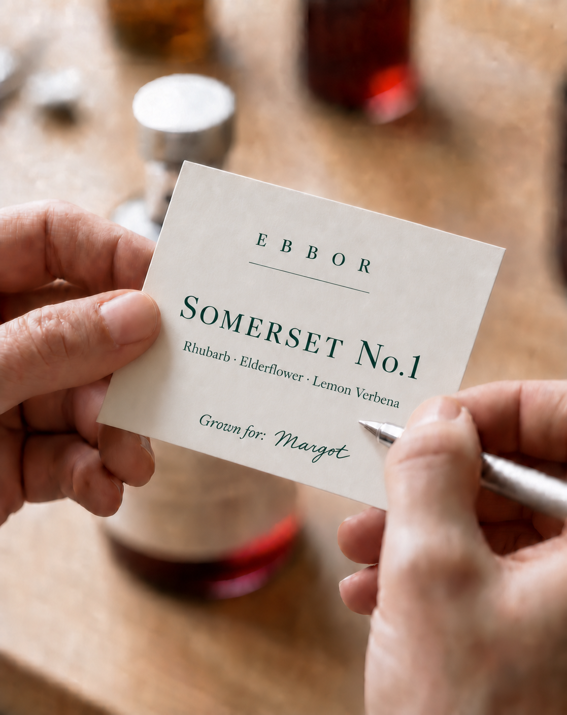 An Ebbor Somerset No.1 label card, grown for Margot, with rhubarb, elderflower and lemon verbena