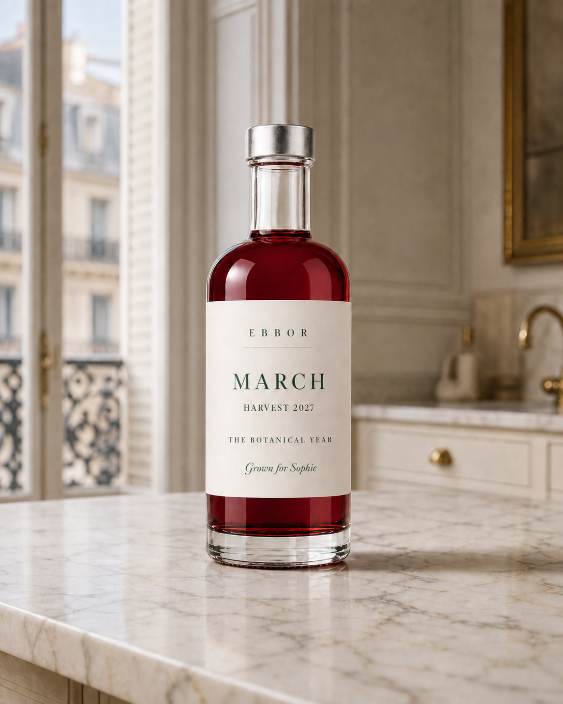 The March edition bottle on a marble counter