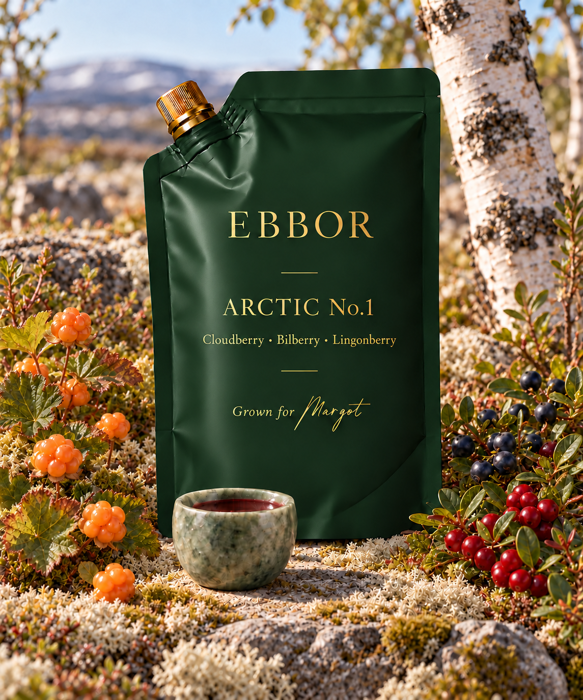 An Ebbor Arctic No.1 plant pouch, grown for Margot, with cloudberry, bilberry and lingonberry beside a carved stone sipping cup