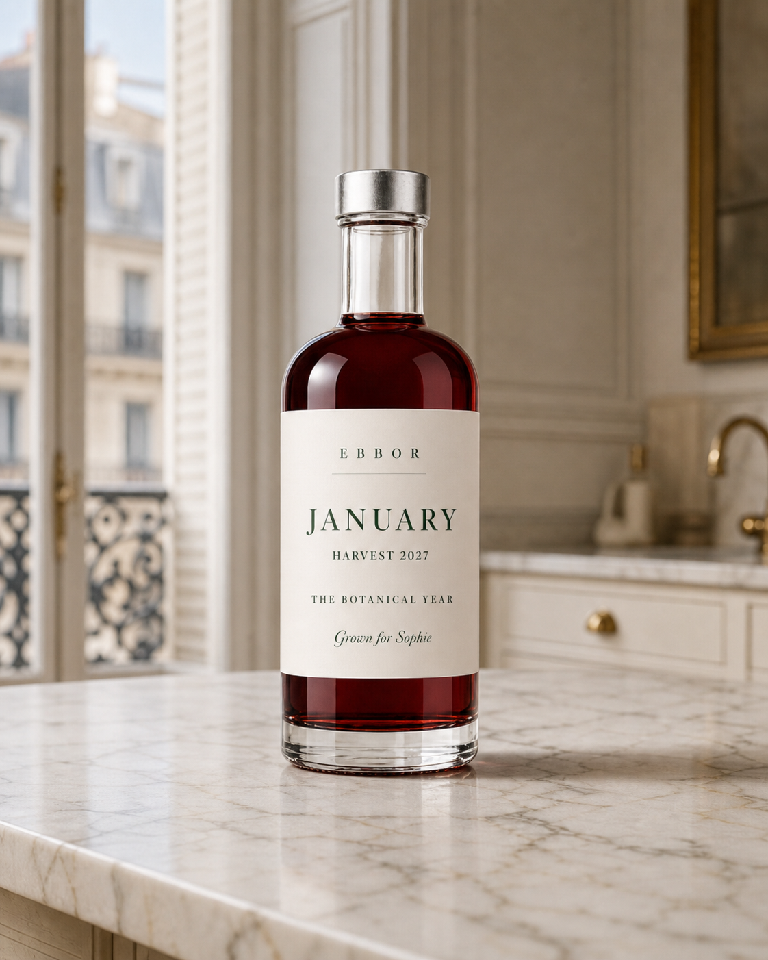 A finished Ebbor bottle beside the botanicals gathered for its composition