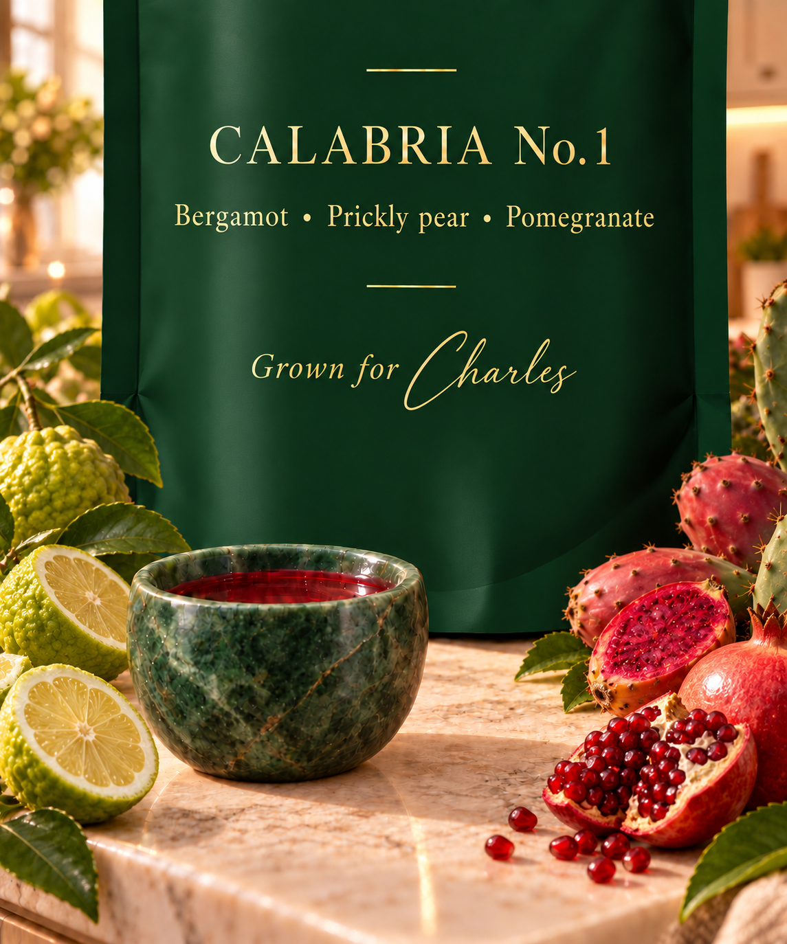The Calabria No.1 plant pouch beside the stone sipping bowl, with bergamot, prickly pear and pomegranate