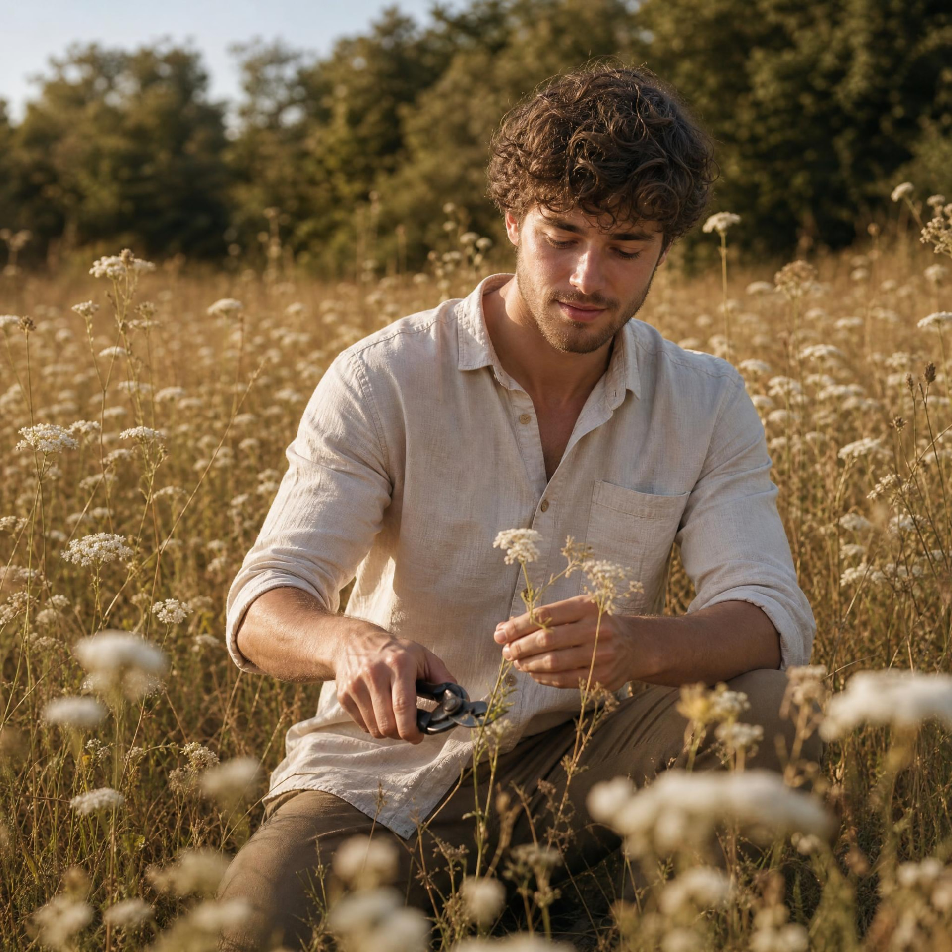 A botanist examining flowering plants in a wildflower meadow