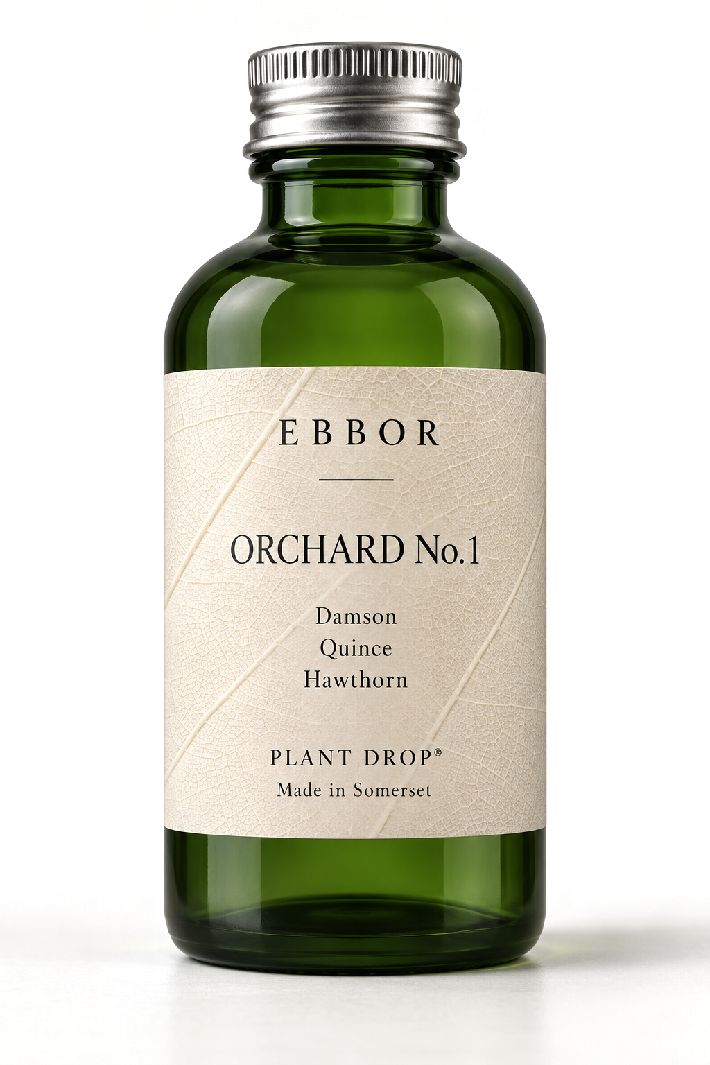 An Ebbor Orchard No.1 Plant Drops bottle of 30 ml on a white background, its label reading Damson, Quince and Hawthorn