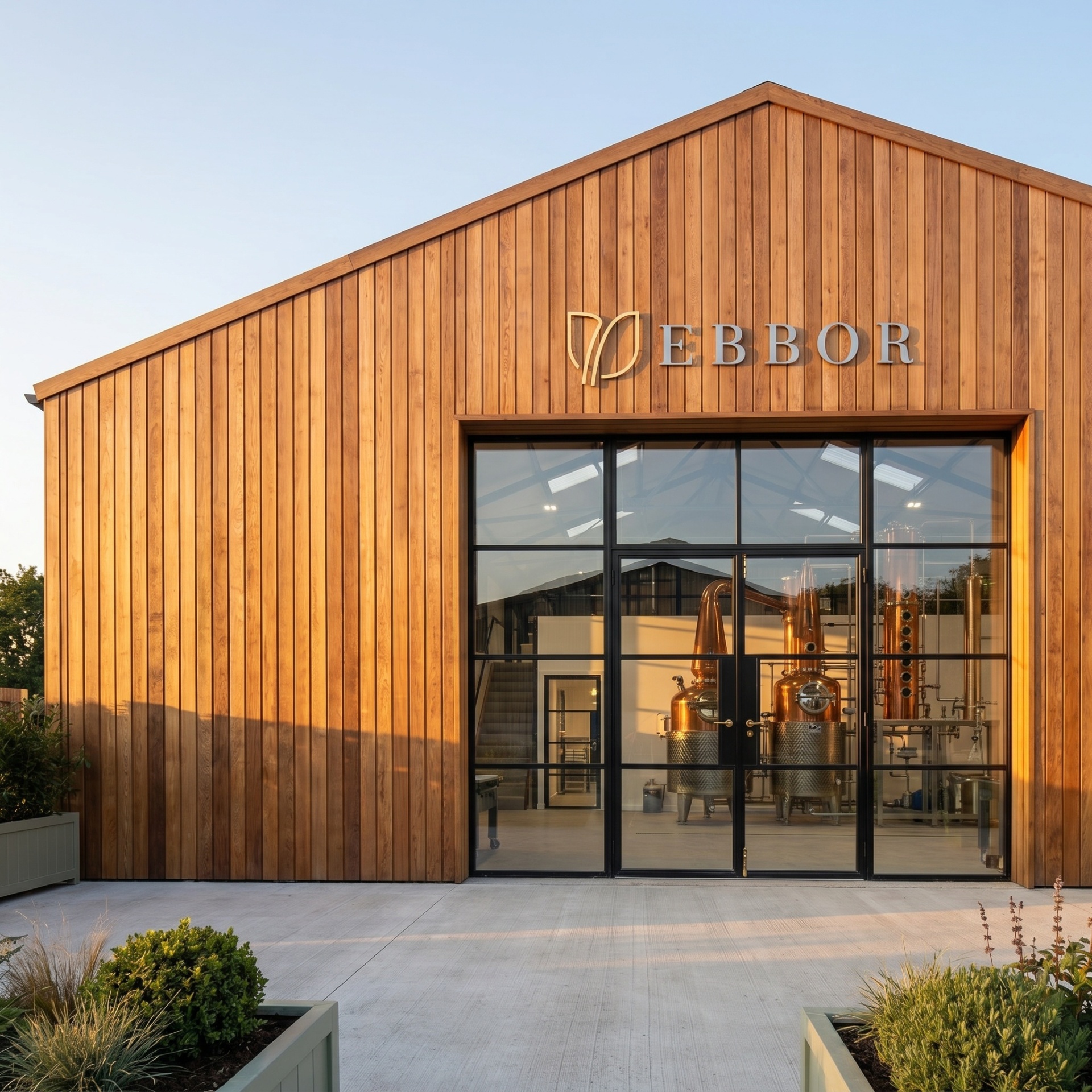 The Home Farm barn in Somerset at golden hour, with copper stills visible through the glass doors