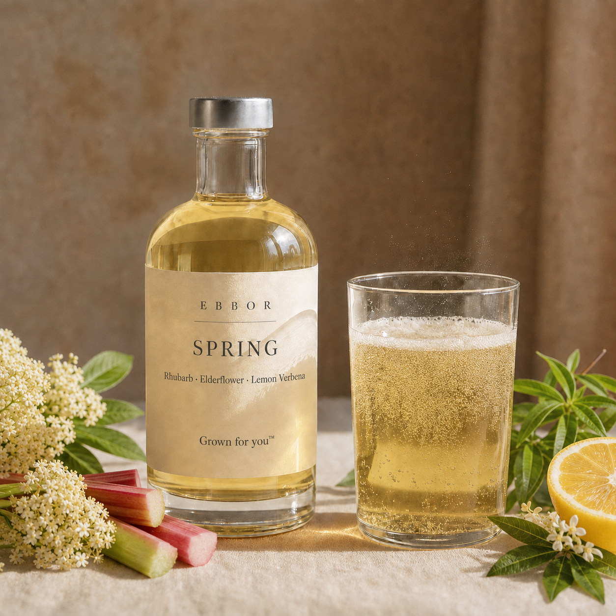 A bottle and glass of Ebbor Spring, poured over ice